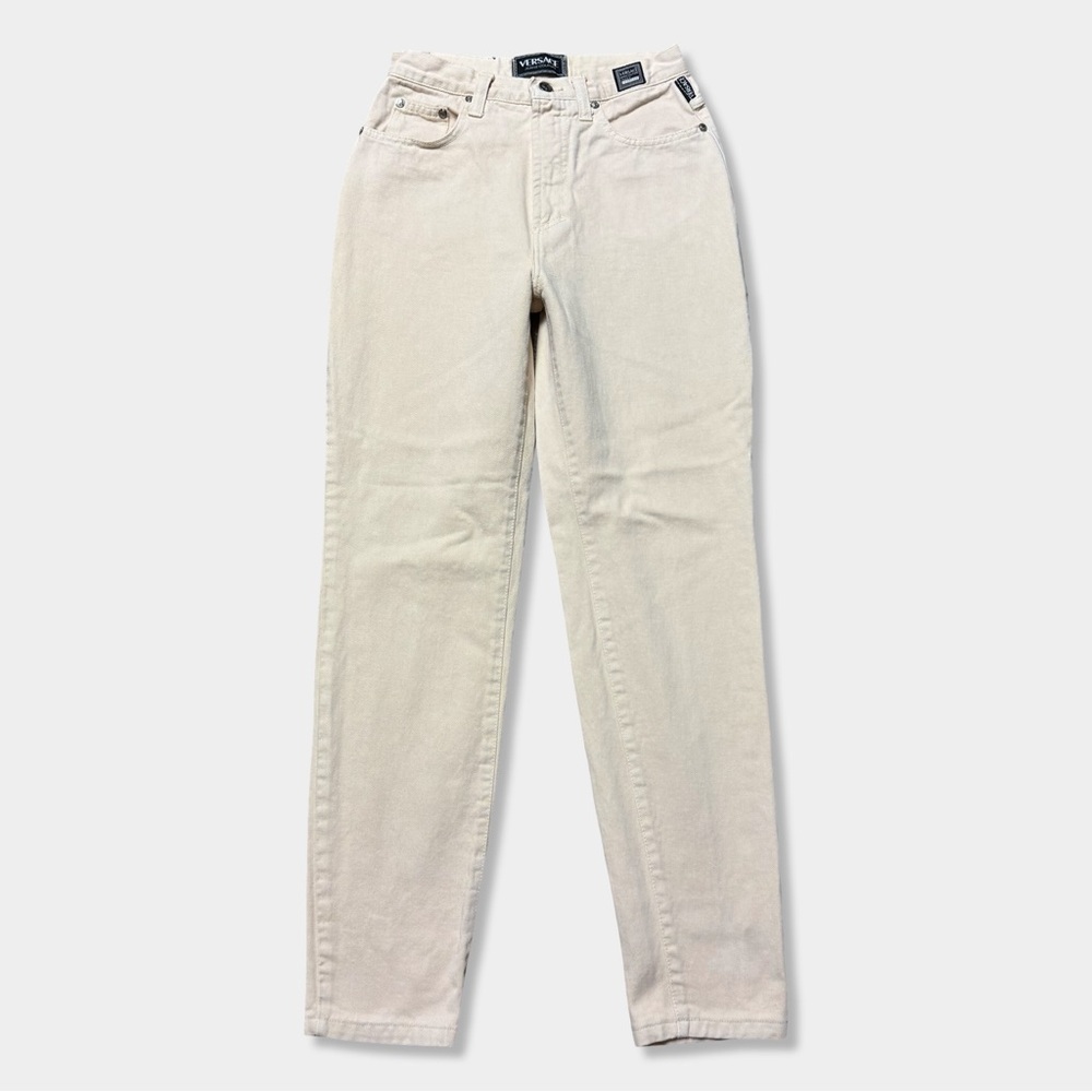 Vtg 90s Versace Jeans Couture Beige High Waist Taper Leg Mom Denim Pant 27 30 44